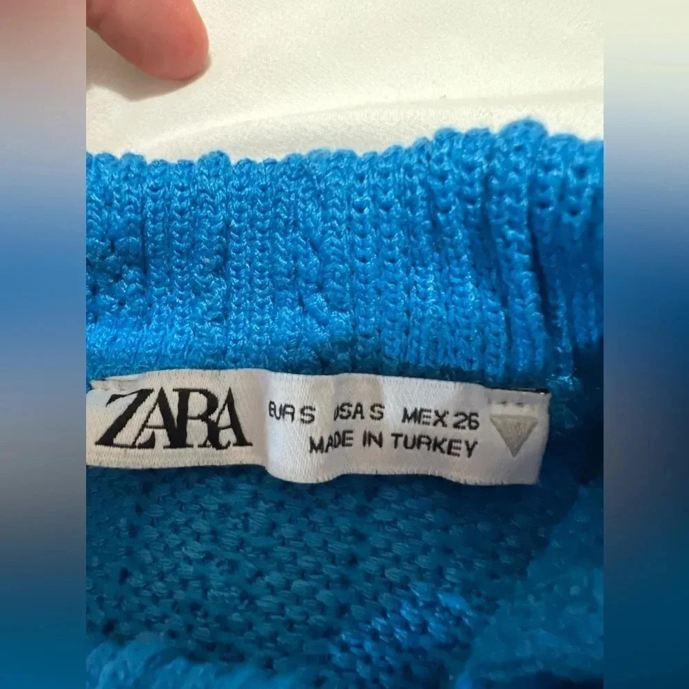 Zara Asymmetrical Boho Hippie Cable Knit Blue Crop Top size S - Picture 3 of 9